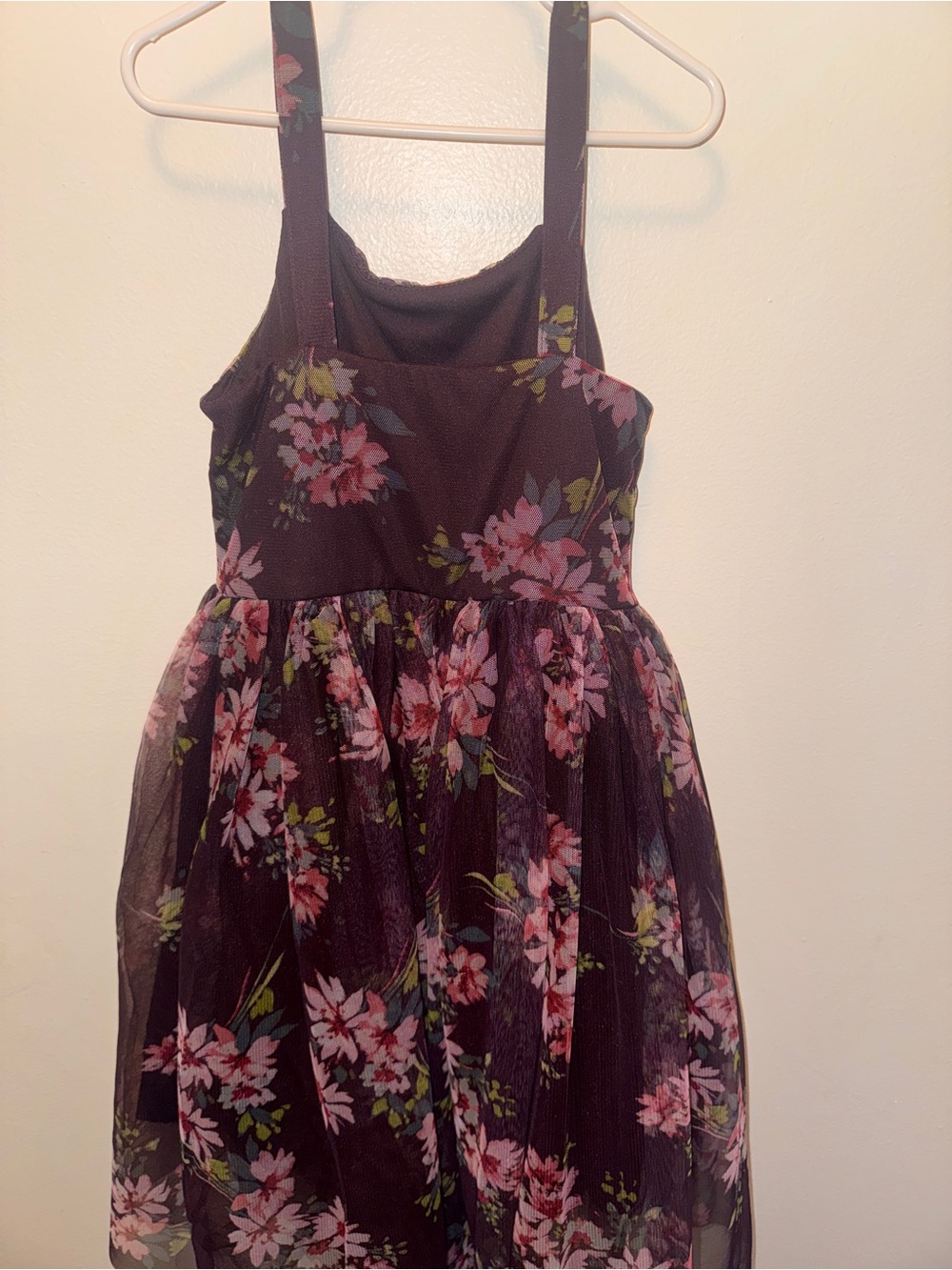 Girls Floral Tulle Party Dress in Dark Purple with Pink Flowers